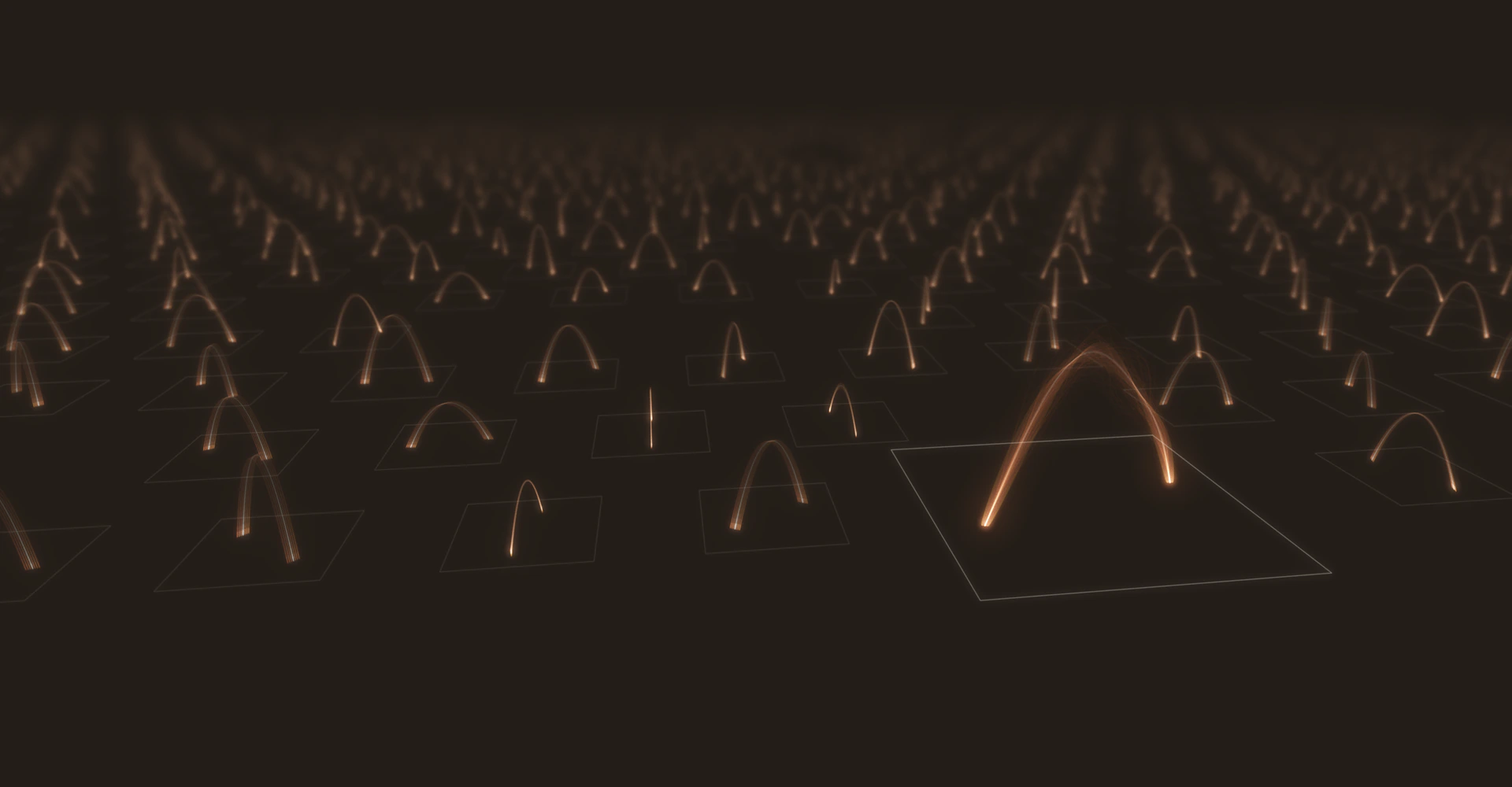 A long-exposure field of robot work cells stretching into the dark, each tracing the same glowing pick-and-place arc, with one cell in front lit brighter.